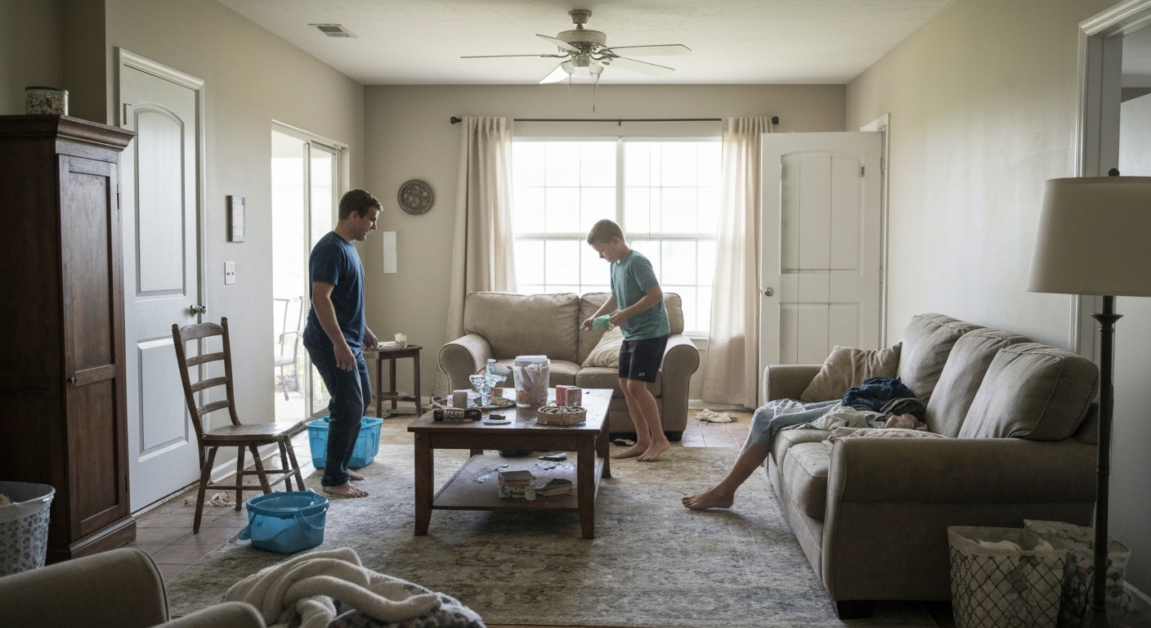 Living room clutter and dust with sunshine illustrating cleaning challenges in an Orlando home.