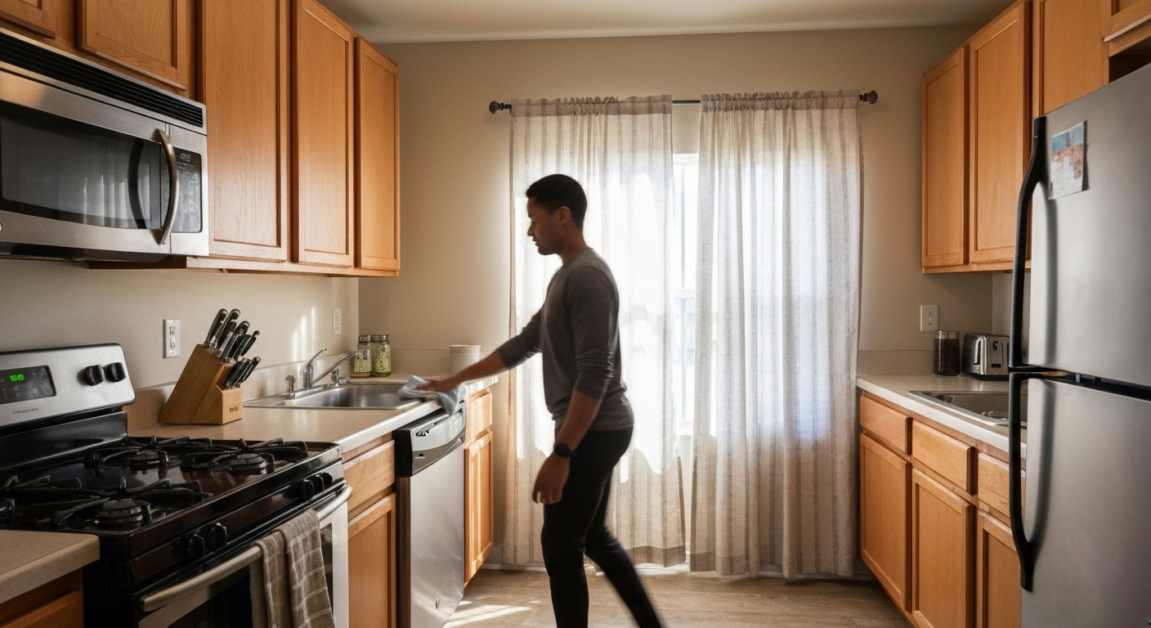 Person cleaning a kitchen counter in an Orlando apartment as part of a morning routine.