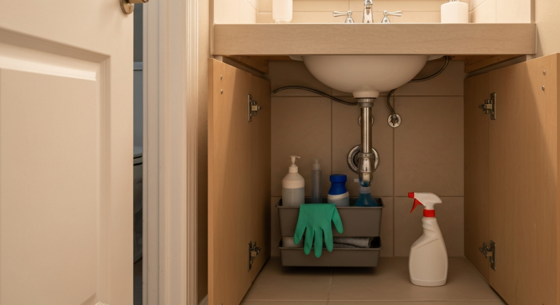Organized cleaning supplies under a bathroom sink in an Orlando home ensuring quick access.