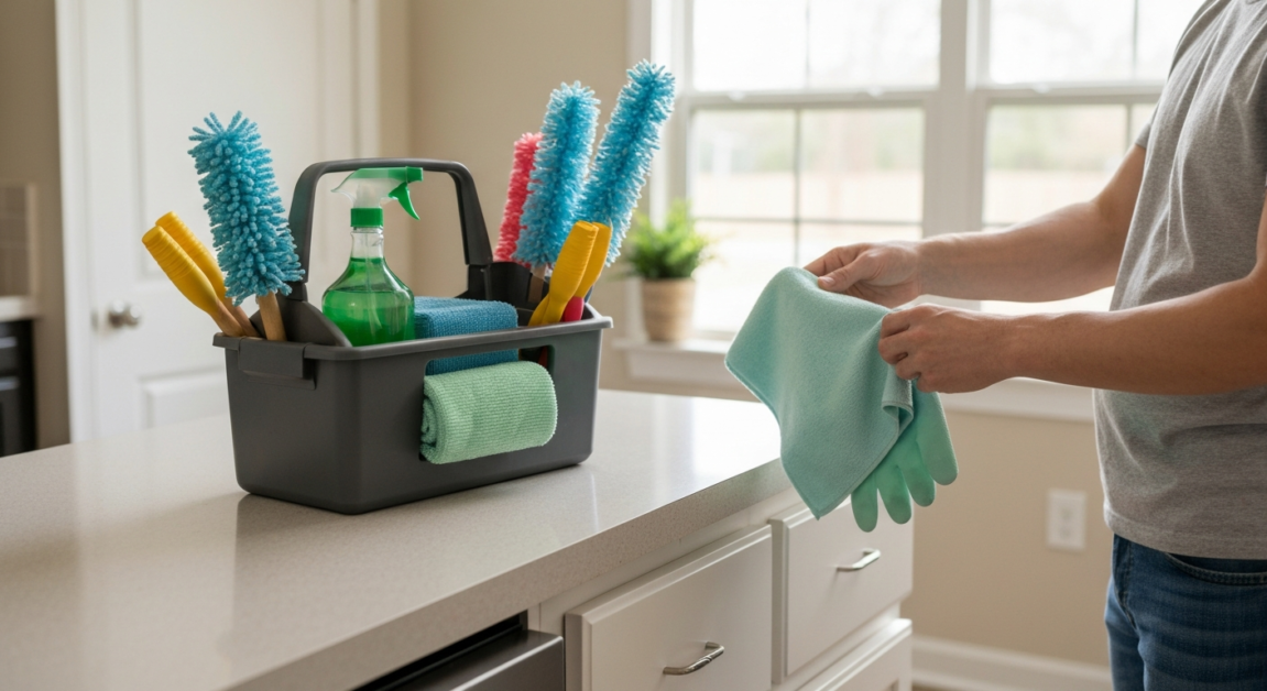 A well-stocked cleaning caddy with microfiber cloths and eco-friendly sprays in an Orlando kitchen.