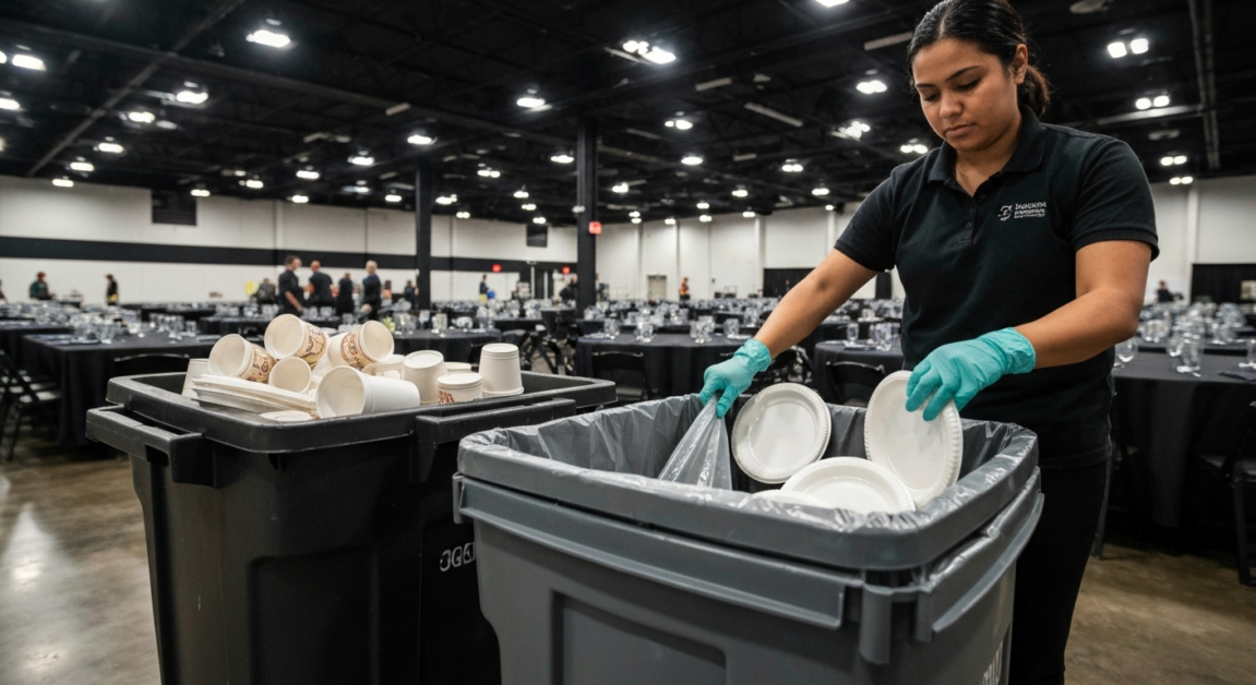 Cleaner replacing a trash bag liner in an Orlando event space after an event.