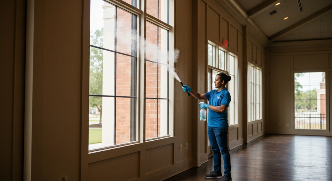 Cleaner using an odor neutralizer in an Orlando event space with an open window.