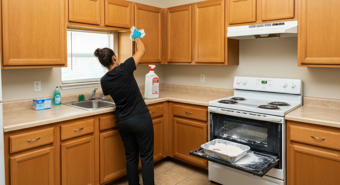 Cleaner using a degreaser on kitchen cabinets and baking soda paste on the oven in an Orlando kitchen.