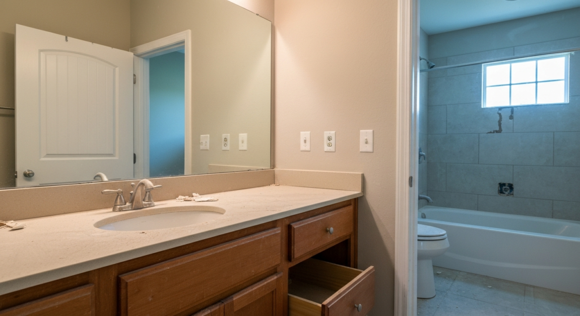 Construction dust and debris left in an Orlando bathroom after renovation