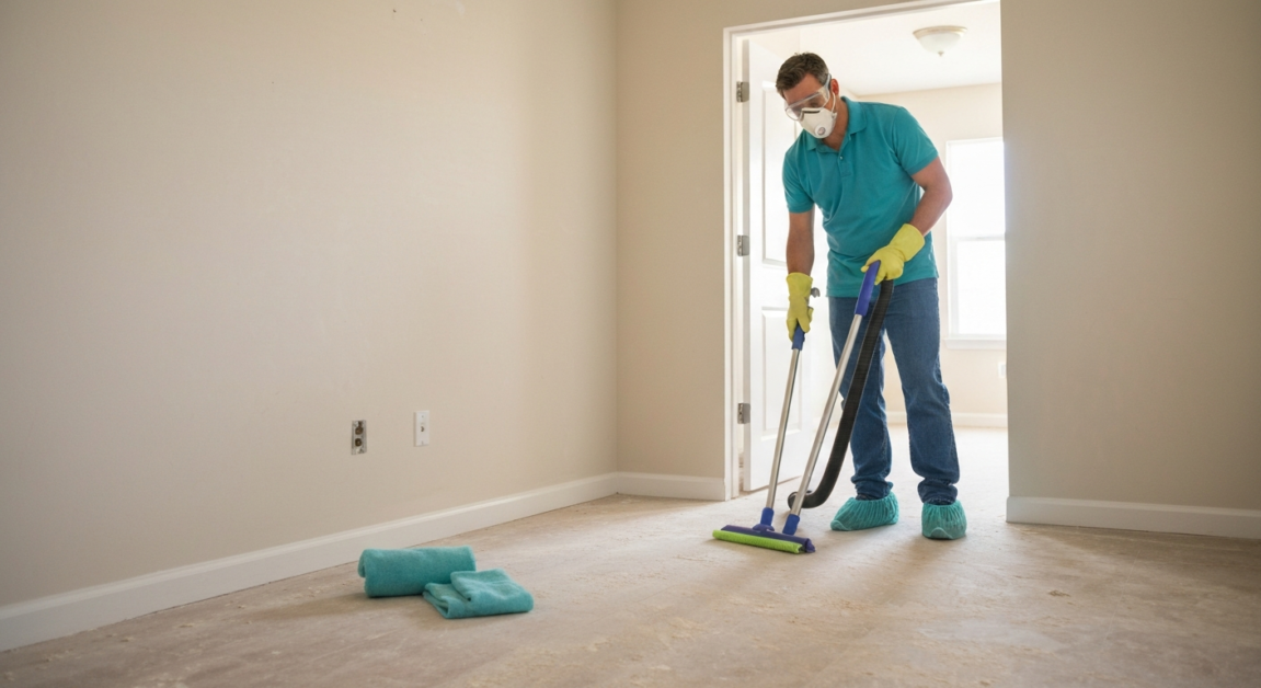 Cleaning professional in protective gear preparing for post-construction cleaning