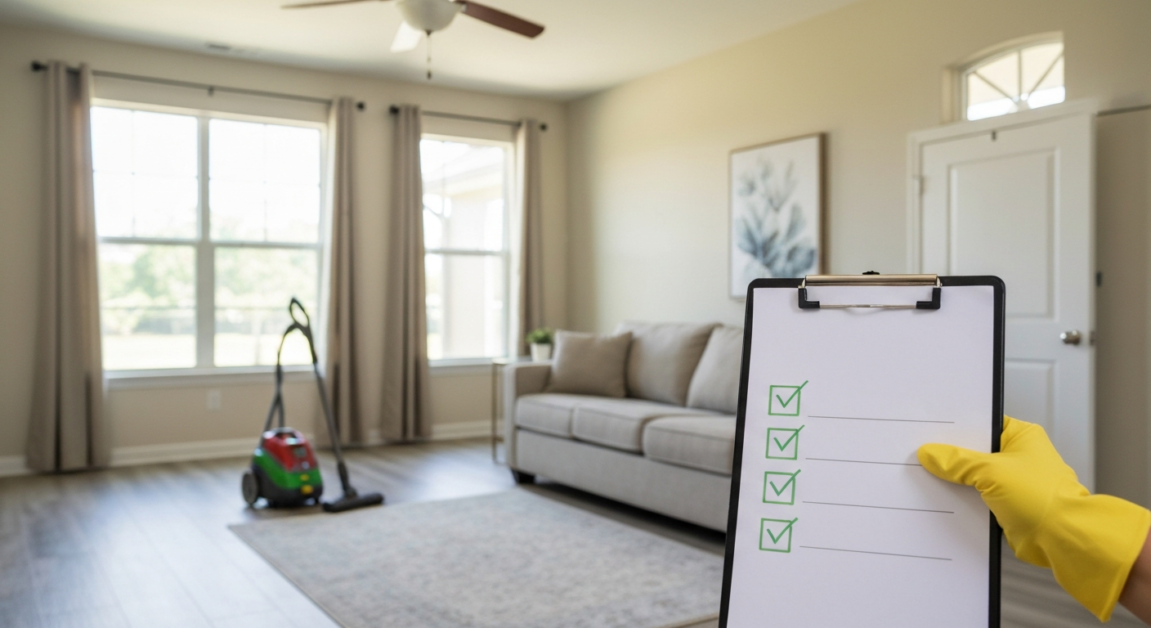 Cleaner holding an inspection checklist in a clean Orlando living room