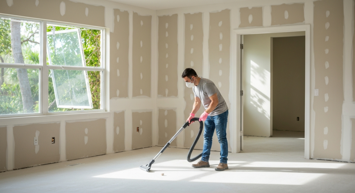 Cleaner using HEPA vacuum to remove drywall dust and debris in Orlando home post-construction.