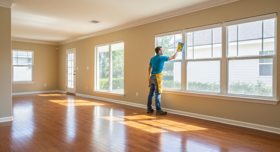 Cleaner wiping window frames in Orlando home preparing for showcase post-construction.