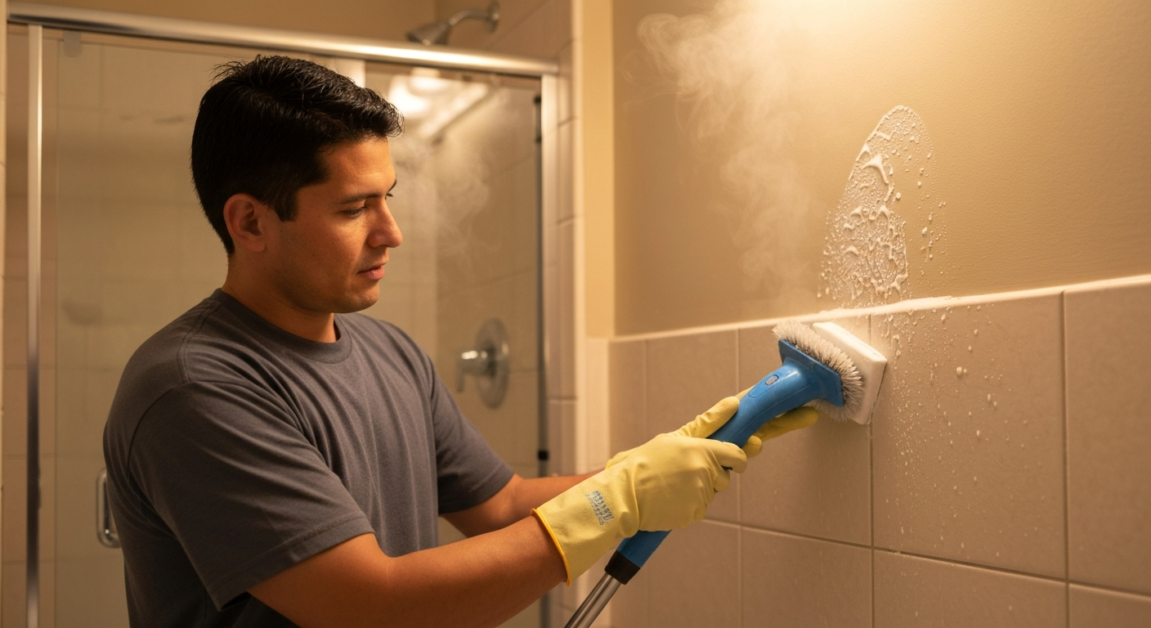 Professional cleaner scrubbing bathroom grout in an Orlando apartment to prevent mildew.