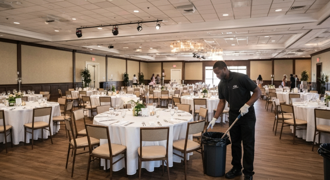Professional cleaner working at an Orlando event venue before guests arrive, showcasing the importance of a clean environment for guest experiences.
