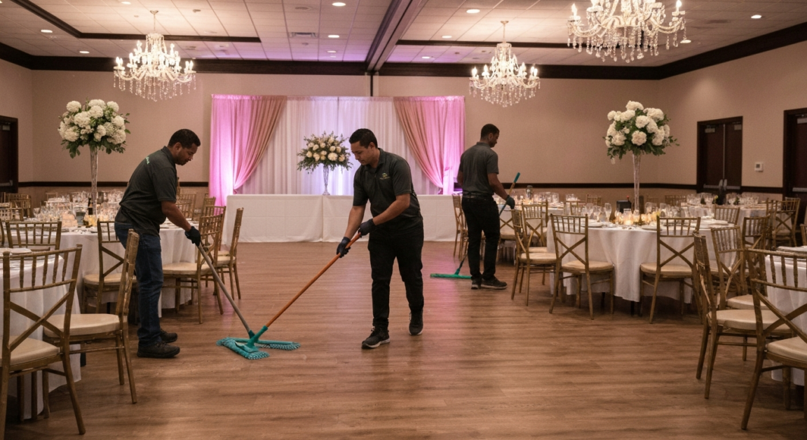 Cleaners restoring an Orlando banquet hall after an event, highlighting stress-free post-event cleaning services.