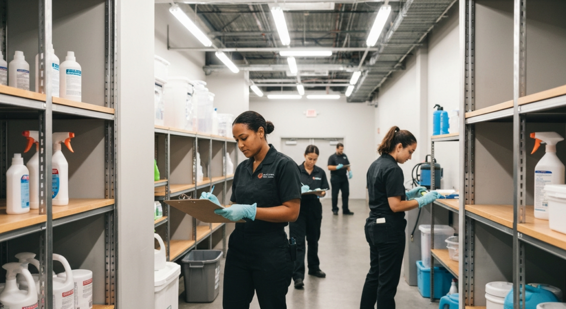 Licensed cleaning crew in Orlando event venue verifying compliance with local sanitation standards.