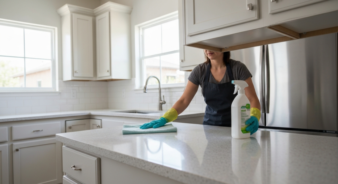 Cleaner in Orlando kitchen using eco-friendly cleaning products and wearing gloves