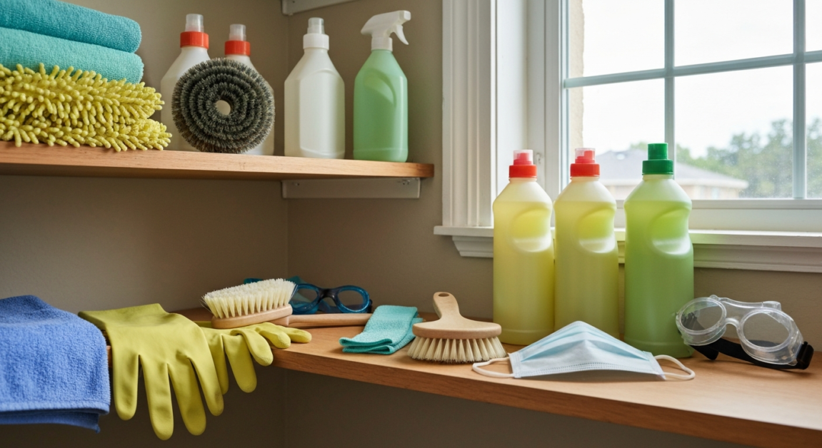 Organized cleaning supplies and personal protective equipment in an Orlando home utility room, ready for a deep cleaning session.