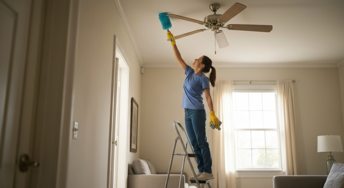 Cleaner dusting ceiling fan in an Orlando living room, demonstrating effective cleaning of hard-to-reach areas.