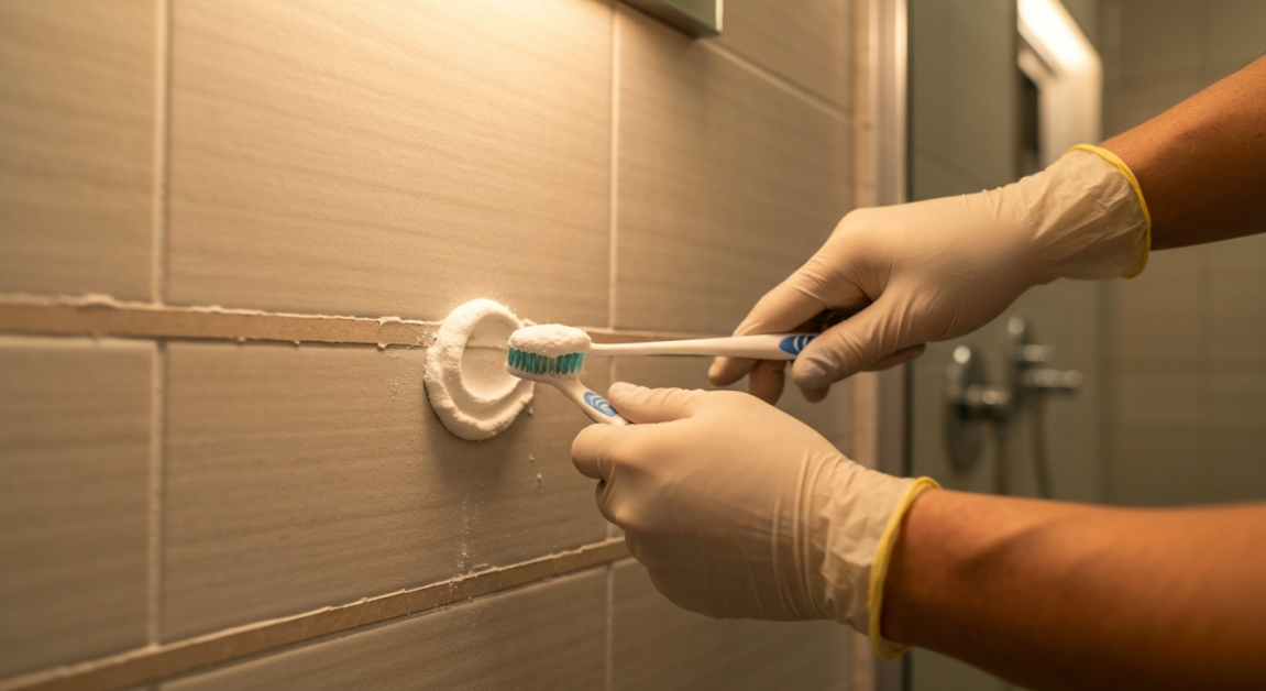 Close-up of grout cleaning in an Orlando bathroom using baking soda paste, focusing on deep cleaning techniques.