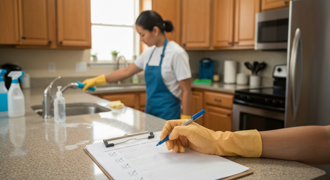 Systematic party cleanup checklist in an Orlando kitchen