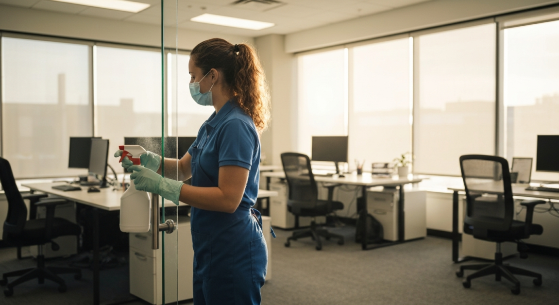 A professional cleaner sanitizing high-touch surfaces in an Orlando commercial office.