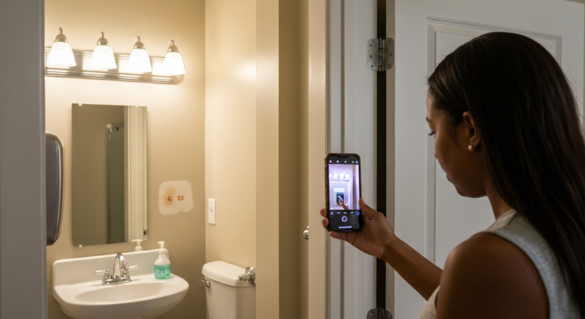 Orlando tenant documenting a cleaning issue on a smartphone for reporting