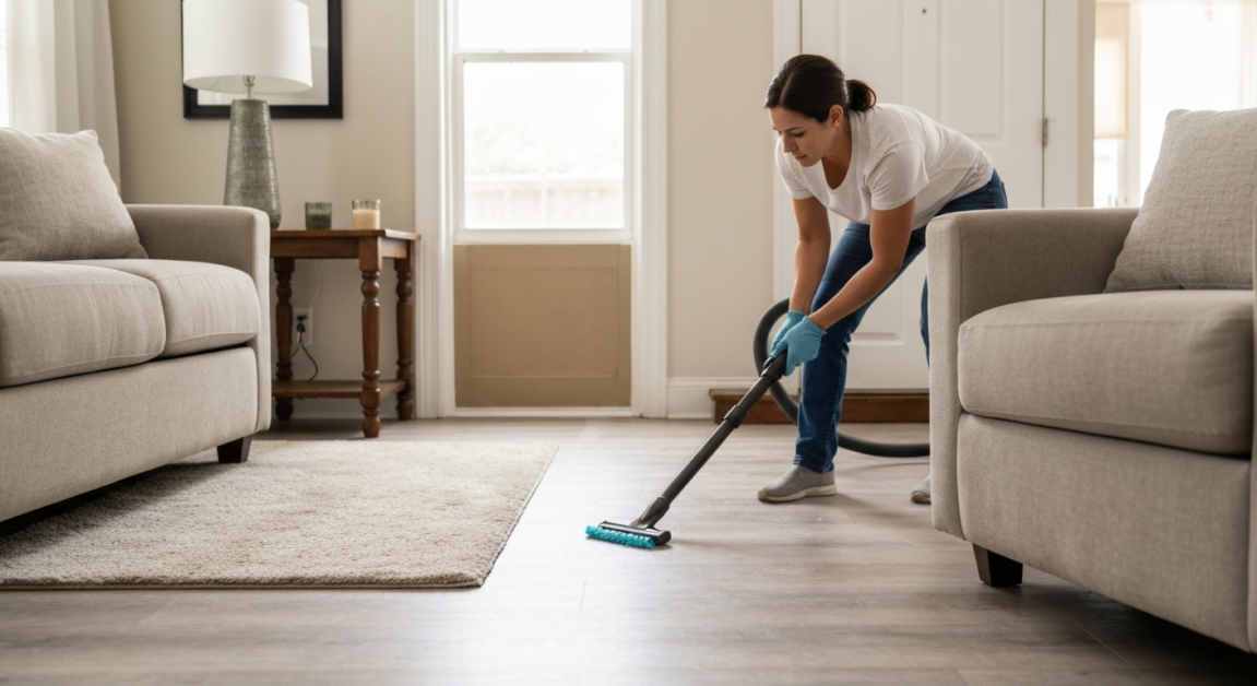 Orlando home receiving deep cleaning under furniture with a specialized vacuum attachment.