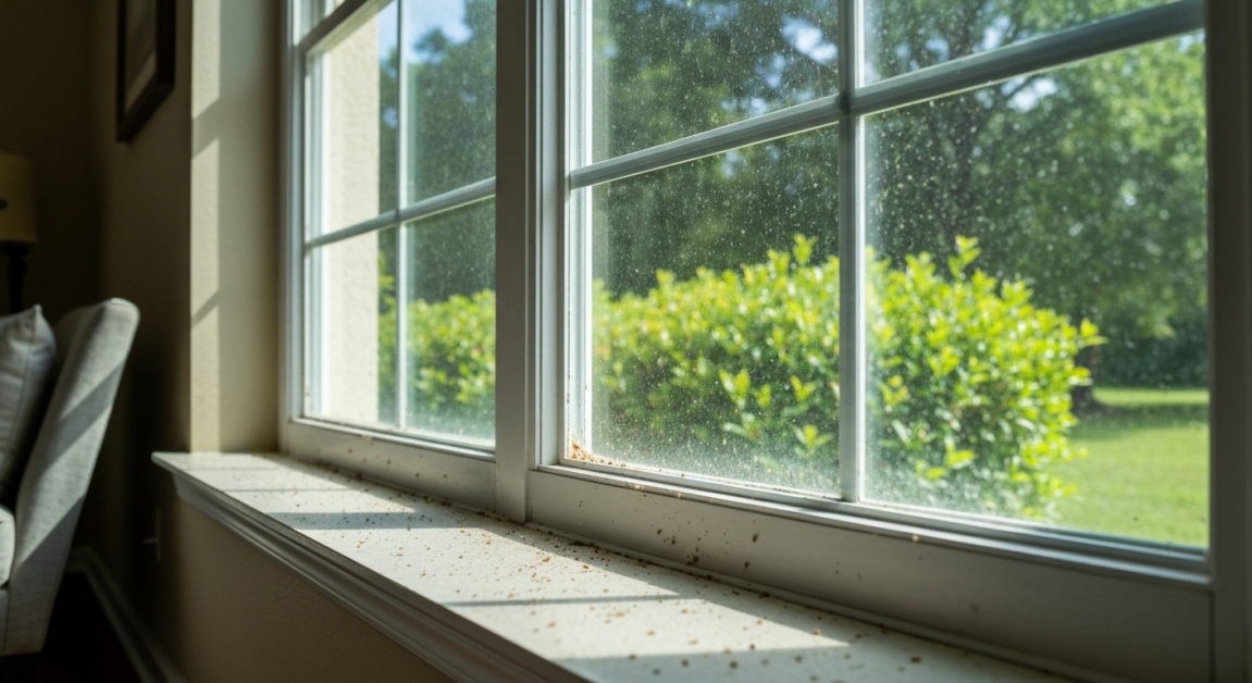 Close view of pollen buildup on an Orlando home's window during spring.