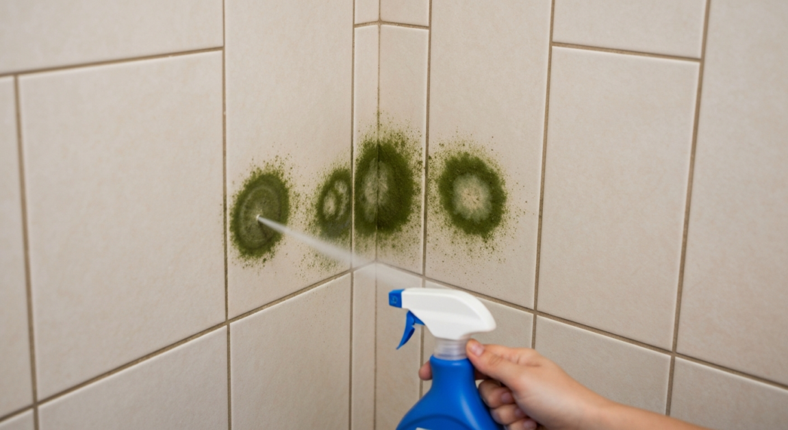 Close-up of mold on bathroom grout being treated with a cleaning solution to manage Florida's humidity effects.