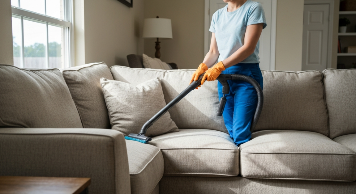 Professional cleaner in Orlando removing pet hair from a sofa using a specialized vacuum attachment.