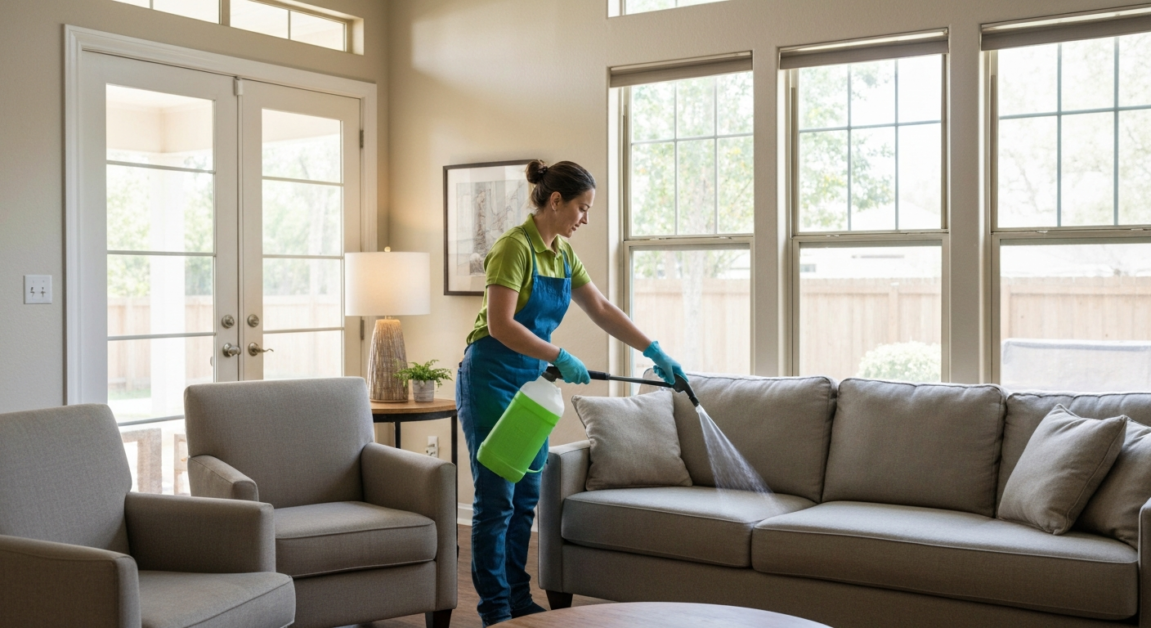 Eco-friendly cleaner in an Orlando living room spray-deodorizing a couch to neutralize pet odors.