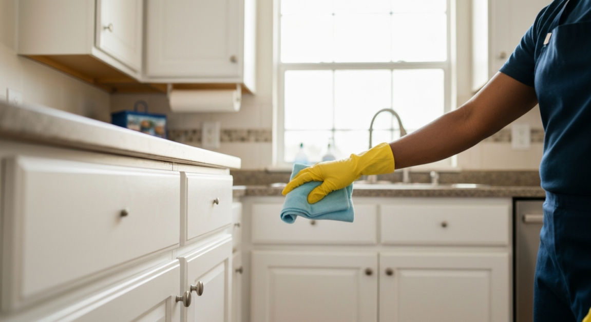 Professional cleaner sanitizing high-touch areas in an Orlando kitchen to ensure a hygienic environment.