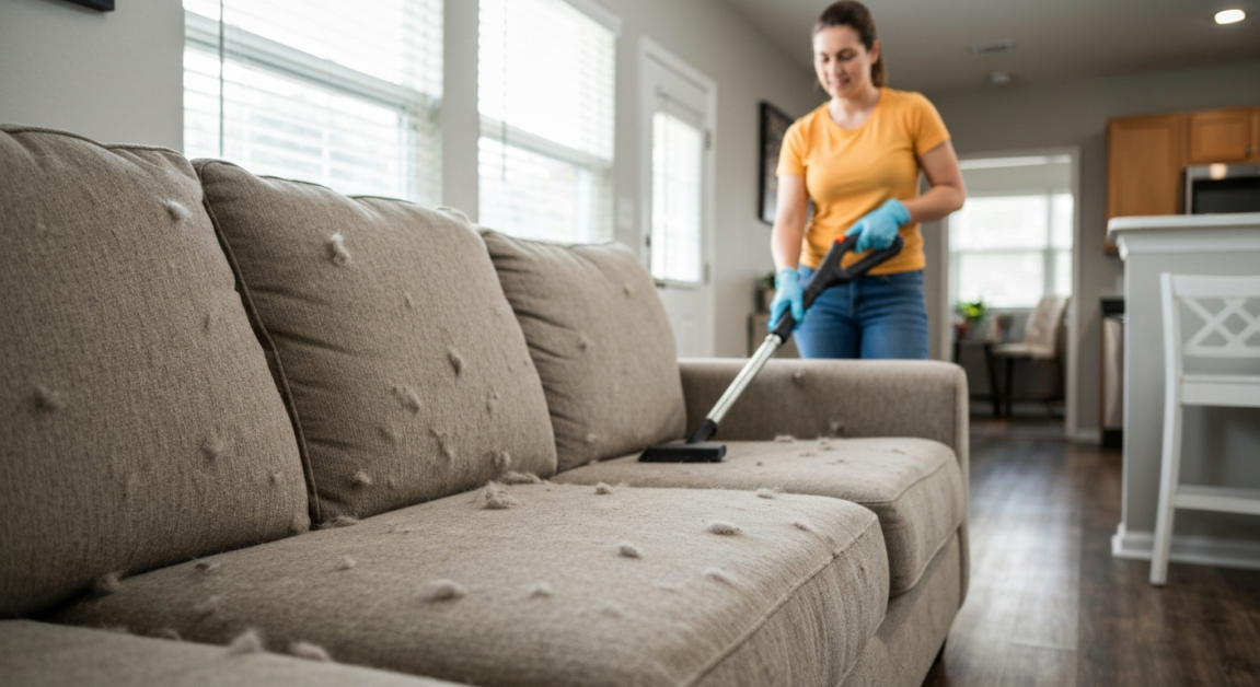 Orlando apartment living room with a sofa covered in pet hair, a cleaner using a vacuum in the background.