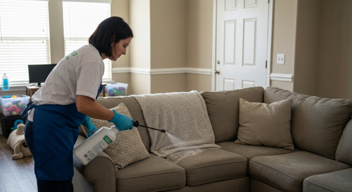Professional in an Orlando living room using an eco-friendly deodorizer on furniture to remove pet odors.