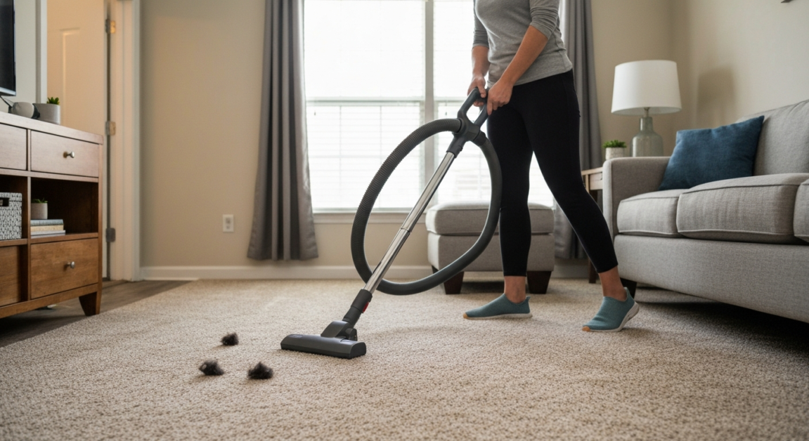 Expert cleaner using specialized vacuum attachment to remove pet hair from carpet in Orlando apartment.