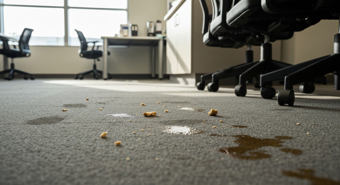 Crumbs and coffee spill stains on office carpet showing common dirt sources.