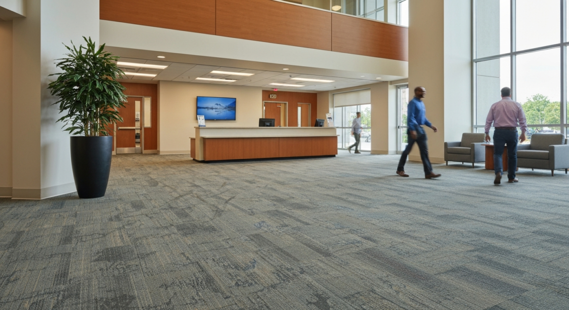 Worn carpet in an office lobby showing high-traffic areas needing cleaning.