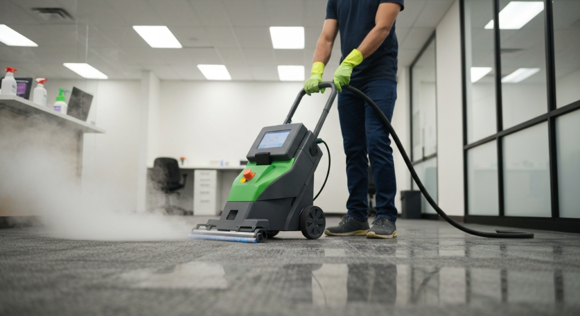 Professional cleaner using a steam machine for deep carpet cleaning in an office.