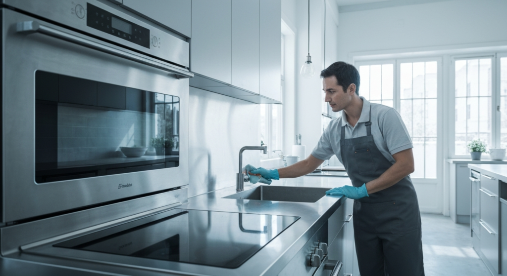 Cleaner using eco-friendly products in a pristine Orlando kitchen with All Great Cleaner – Professional Cleaning Services, not satisfied with cleaning service