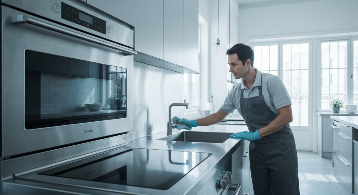 Cleaner using eco-friendly products in a pristine Orlando kitchen with All Great Cleaner – Professional Cleaning Services, not satisfied with cleaning service