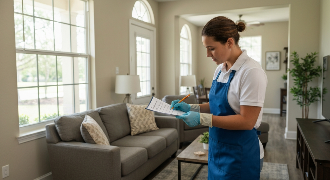 Professional cleaner inspecting a living room in Orlando, ensuring cleaning quality.