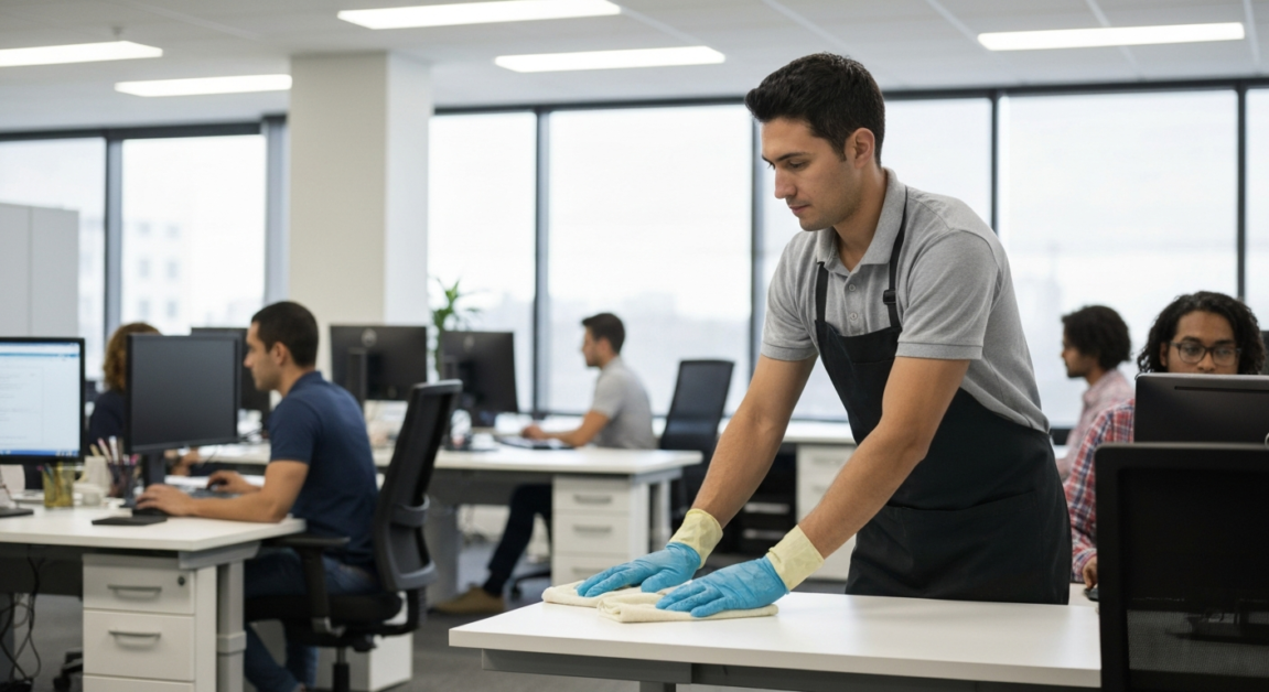 Professional cleaner wiping office surfaces while staff work, illustrating time saved for core tasks in an Orlando office.