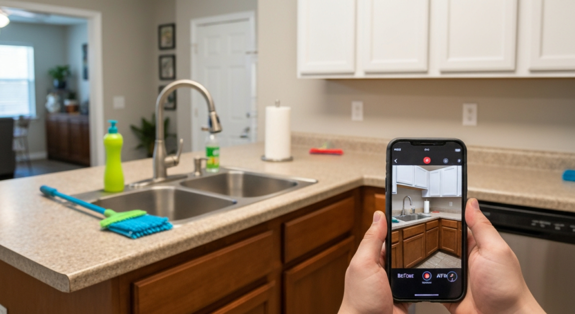 Phone capturing before and after photos of a kitchen countertop in Orlando rental property for cleaning documentation.