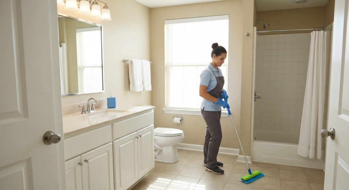 Professional cleaner performing a re-clean of a bathroom in an Orlando apartment, ensuring customer satisfaction.