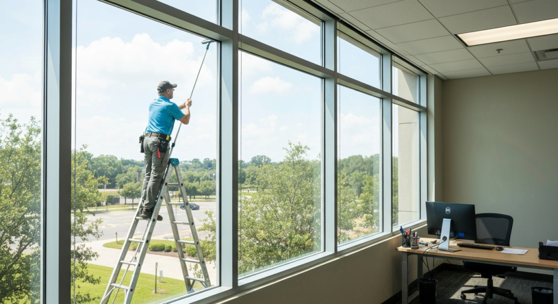 Office window being cleaned by a professional using a long-handled tool through exterior access, showcasing the difference in cleaning techniques for interior and exterior glass.