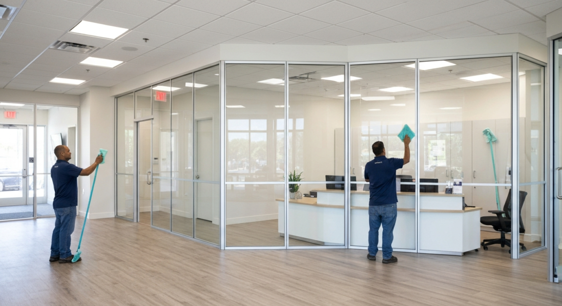 Professional cleaners maintaining the cleanliness of an office reception area with spotless glass partitions, highlighting the importance of a clean entrance to make a good first impression.