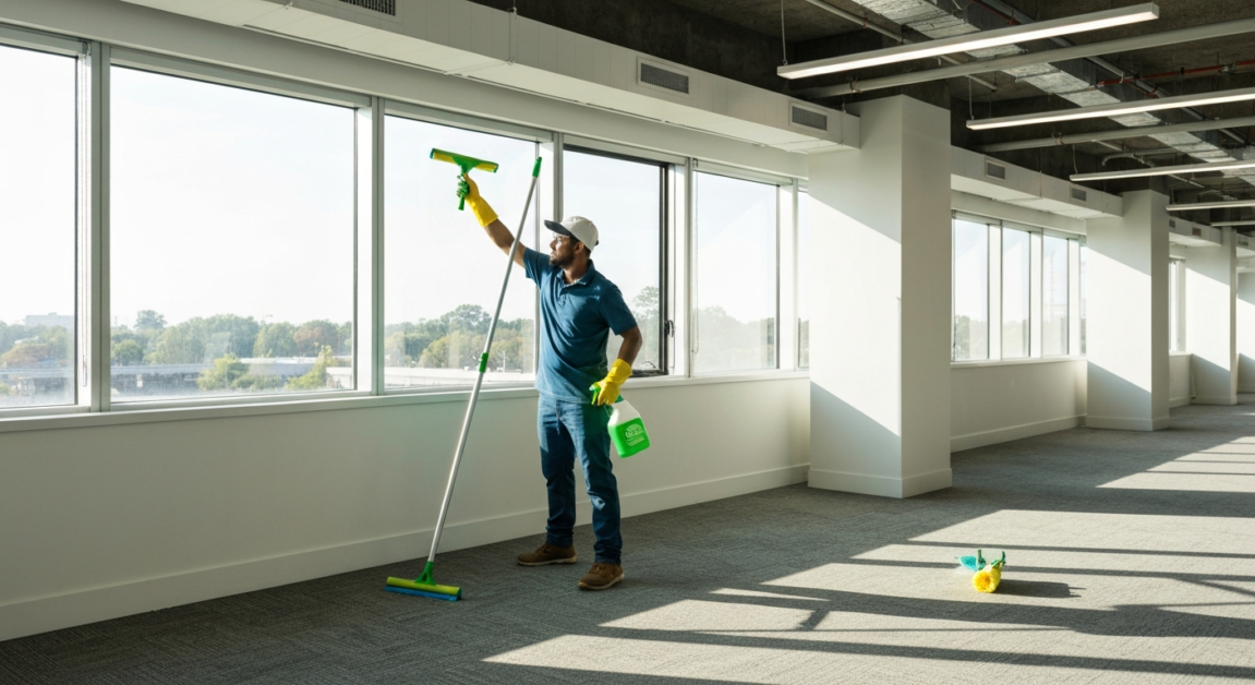 A professional window cleaner using a squeegee and eco-friendly solution on office windows, emphasized through the cleaner's safety gear.