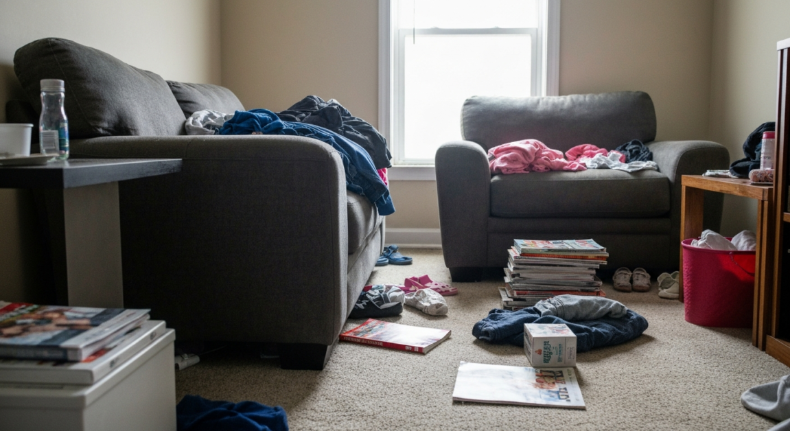 Cluttered Orlando home living room showing scattered personal items needing tidying before cleaning service
