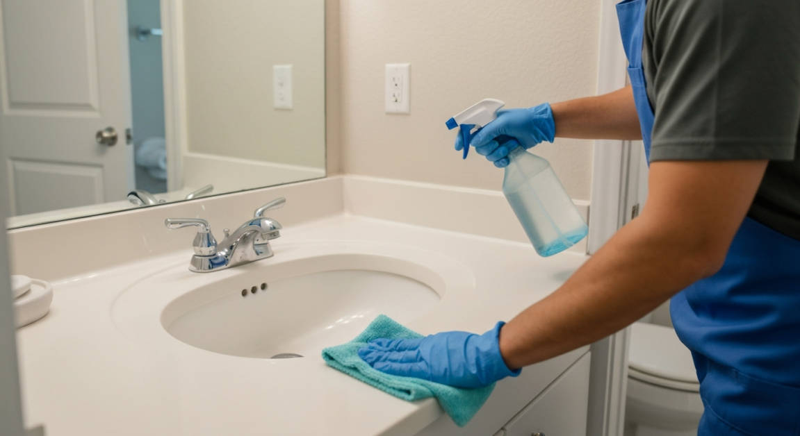 Professional cleaner disinfecting a bathroom sink in an Orlando apartment, focusing on deep cleaning services