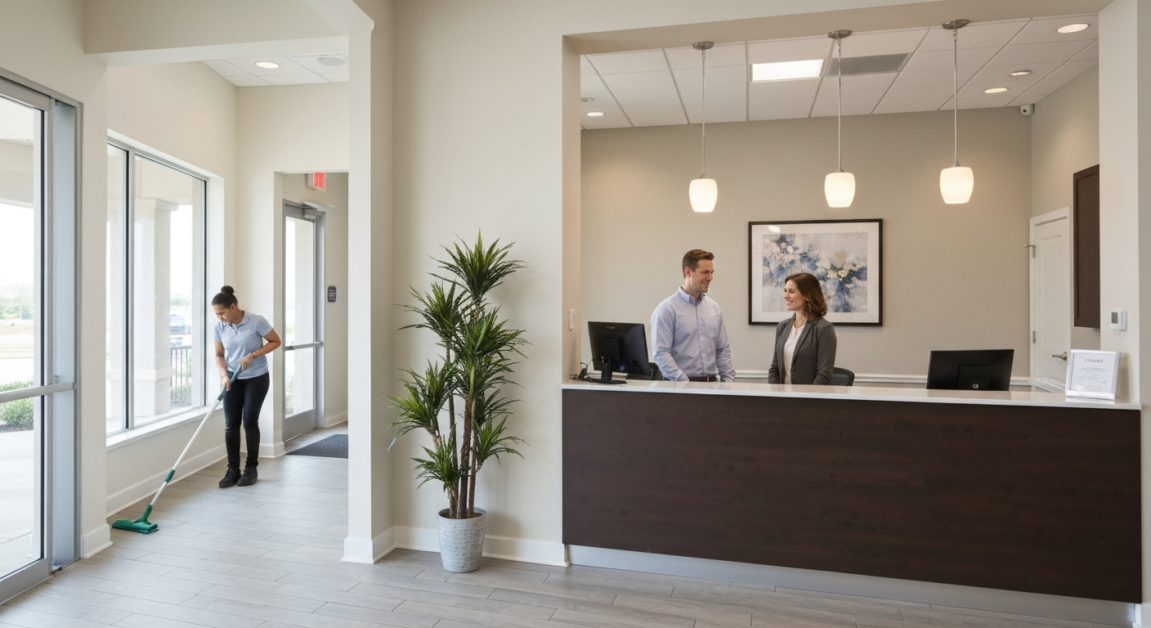 Clean reception area with client being warmly greeted, enhancing the professional image of an Orlando office.