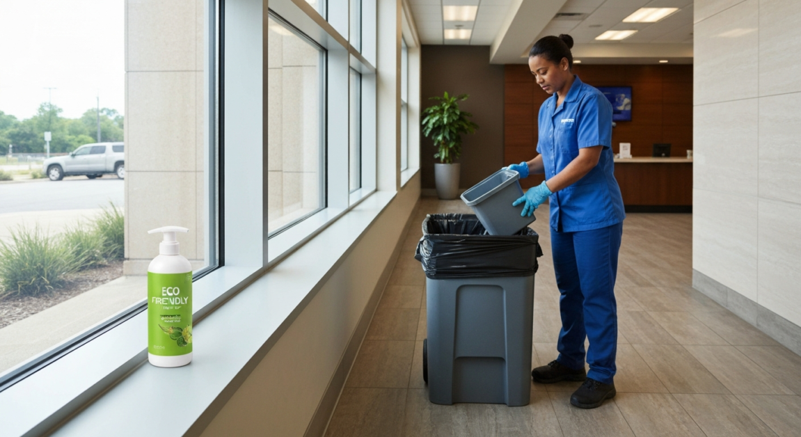 Cleaner managing trash disposal and using eco-friendly air freshener in an Orlando office lobby.