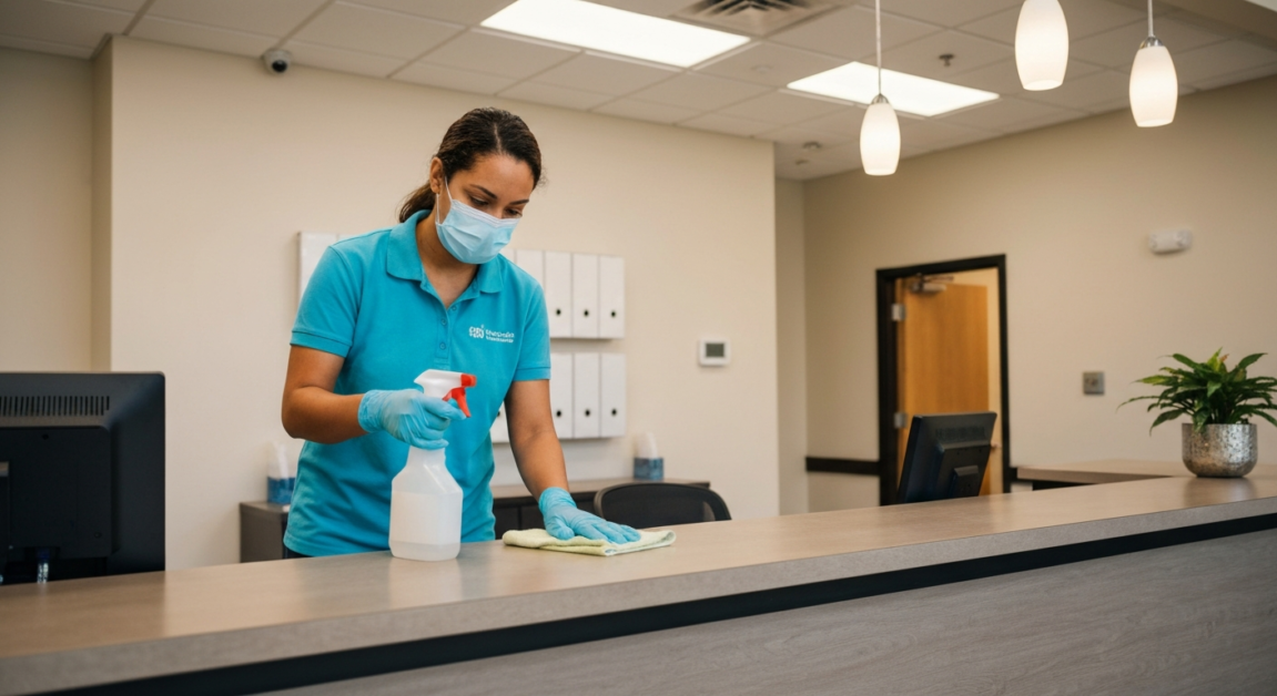 Professional cleaner sanitizing a reception desk in an Orlando office.