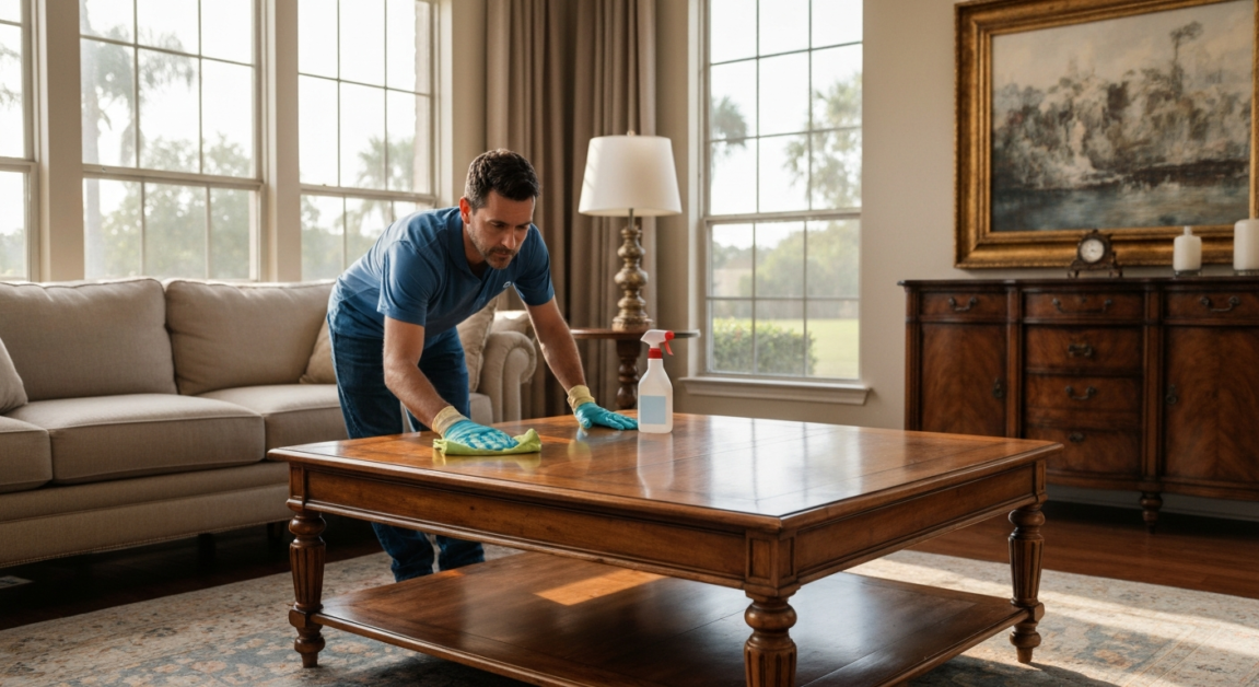 Professional cleaner carefully polishing a high-value wooden coffee table in an elegant Orlando home, representing insurance benefits.
